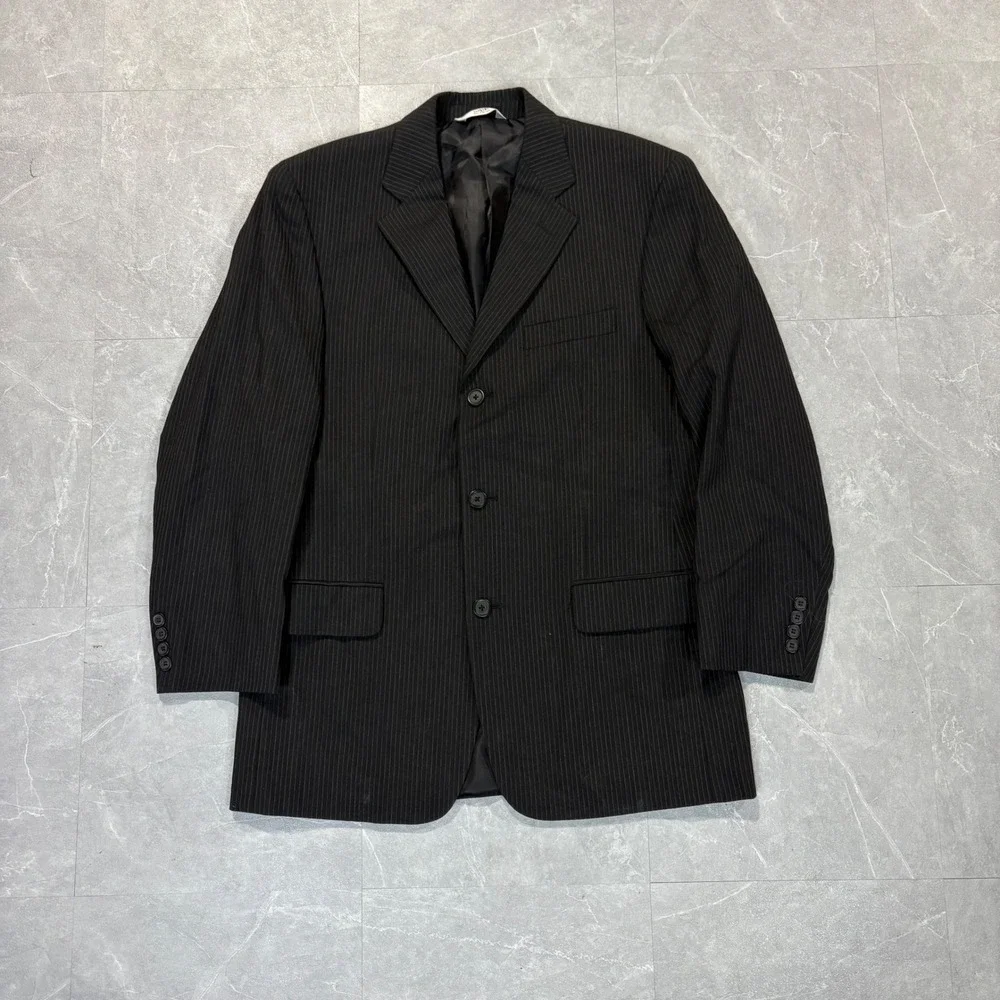 Versini Mens Black Pinstripe Three Button Blazer Jacket Business Formal 4409